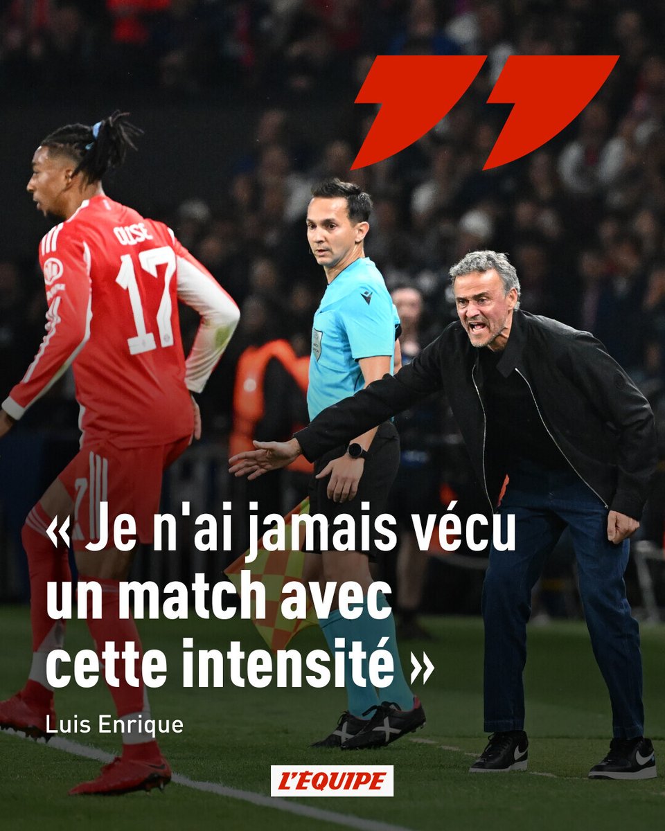 lequipe's tweet photo. L'entraîneur du PSG Luis Enrique savoure la victoire de ses joueurs au terme d'un match fou, en demi-finales aller de la Ligue des champions, et appelle à « profiter » avant de se projeter sur le match retour face au Bayern Munich
➡️ https://t.co/cySY9hoUIQ https://t.co/mX1M8Z3YFM