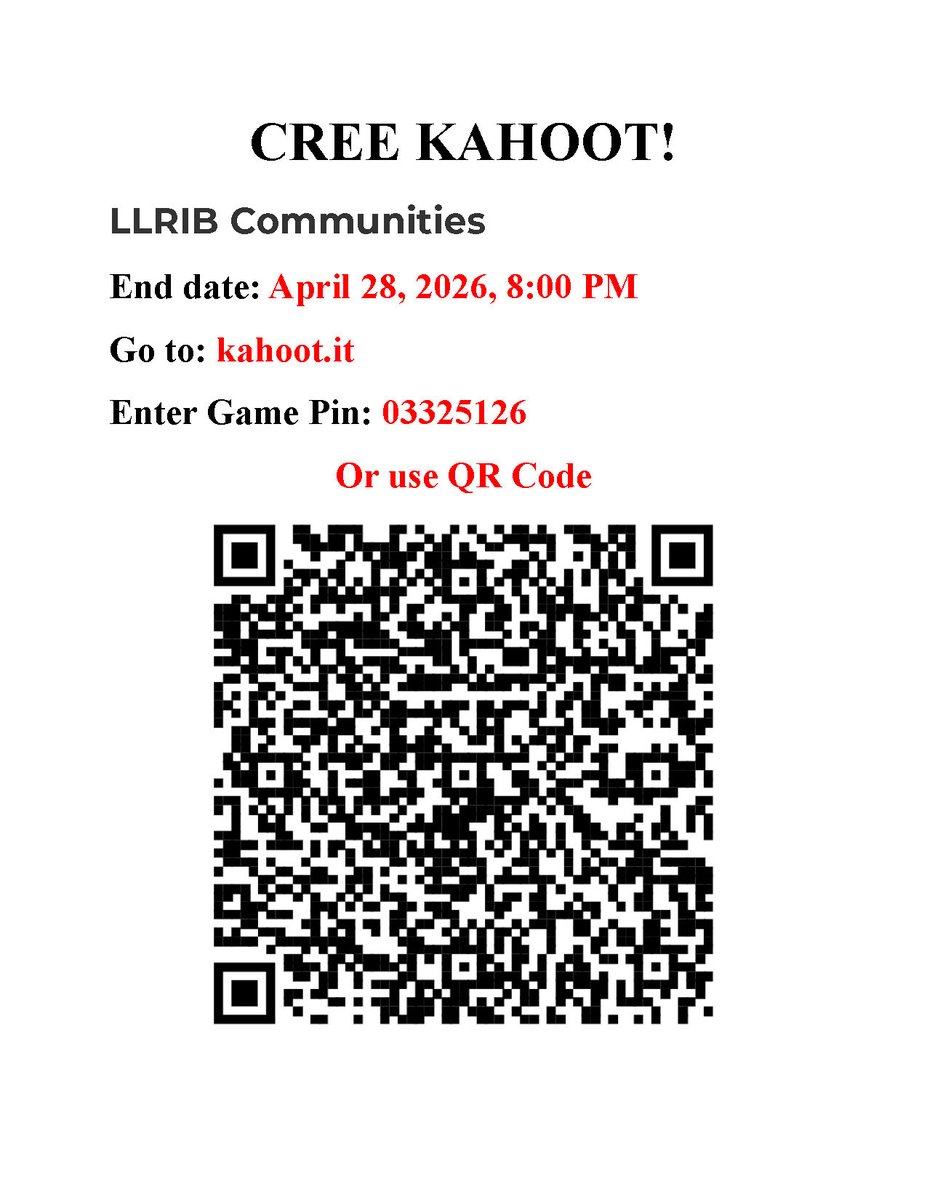 Cv2k's tweet photo. Do you know the Cree names of all the LLRIB Communities? La Ronge, Stanley Mission, Little Red, Sucker River, GMB and Hall Lake (Morin Lake Reserve). Go to https://t.co/qWT6yLucza and enter pin, or scan QR code. Deadline is 8:00PM tonight. This is just a test for my Cree class, please do not expect a prize, lol. I will post list of participants and their scores later this evening. GO!!!! No hurry, you have until 8pm. Saskatchewan Time. (200 participants only). https://t.co/cRxMTwZR2R