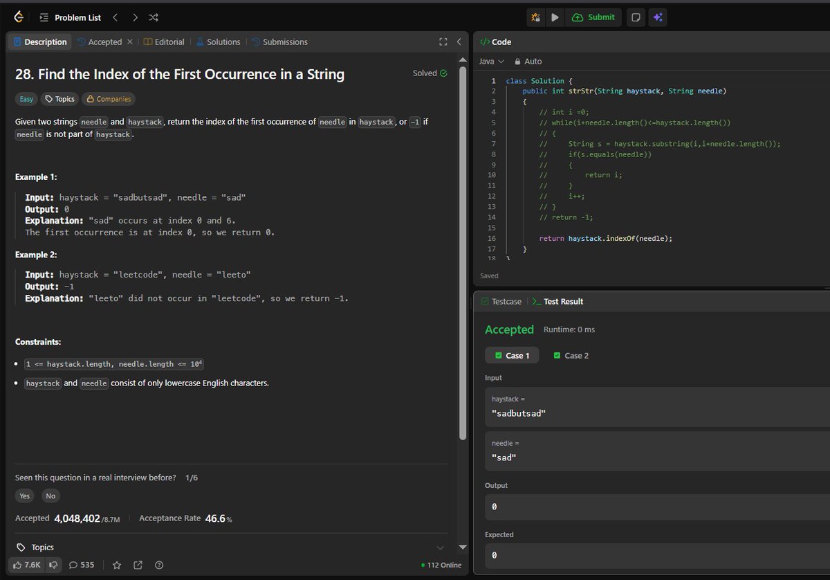 RaushanArya0's tweet image. Day 73 — DSA 💻

Find First Occurrence in a String.

Approach: indexOf()

Learning: Built-in methods can simplify string searching.

Simple problems strengthen basics too.

#DSA #LeetCode #Strings #Consistency