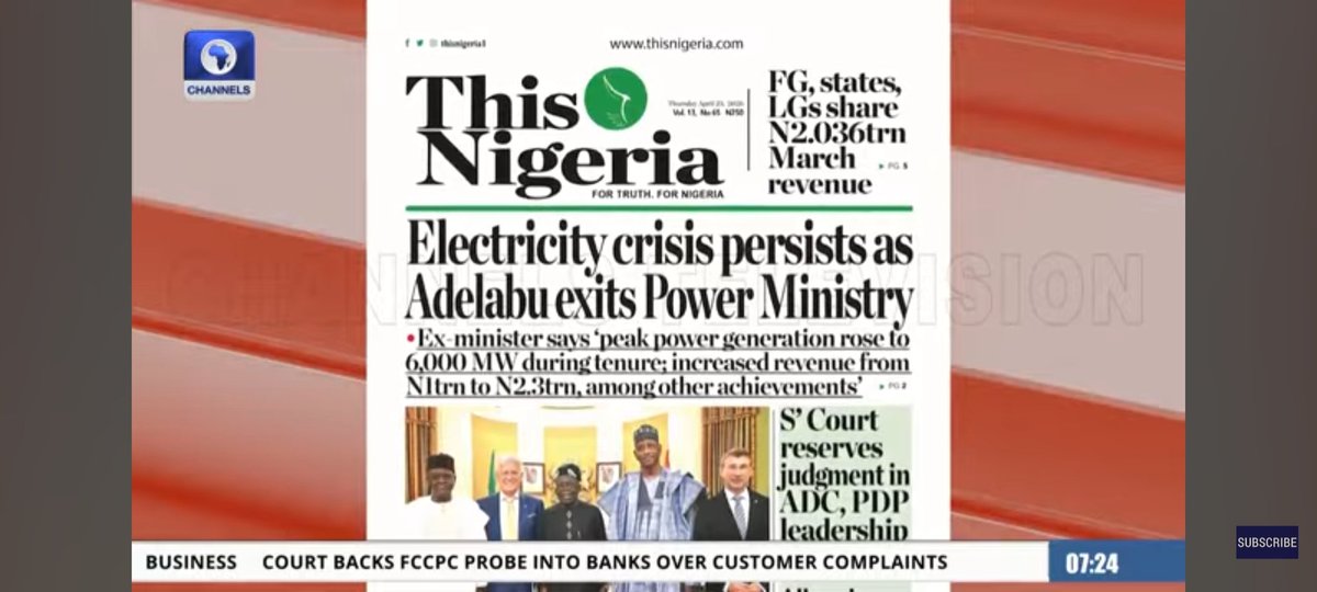 ambigon14's tweet photo. EX POWER MINISTER SHAMELESSLY PRAISES A MERE 6 MEGAWATTS OF ELECTRICITY; My Take on Channels TV (23/4/2026)

The audacity of failure is a platform for adulation in Nigeria.  Mr. Adelabu is the worst power minister since the 4th Republic began in 1999.

https://t.co/LTxRoRERkQ https://t.co/z1CzKJodN9