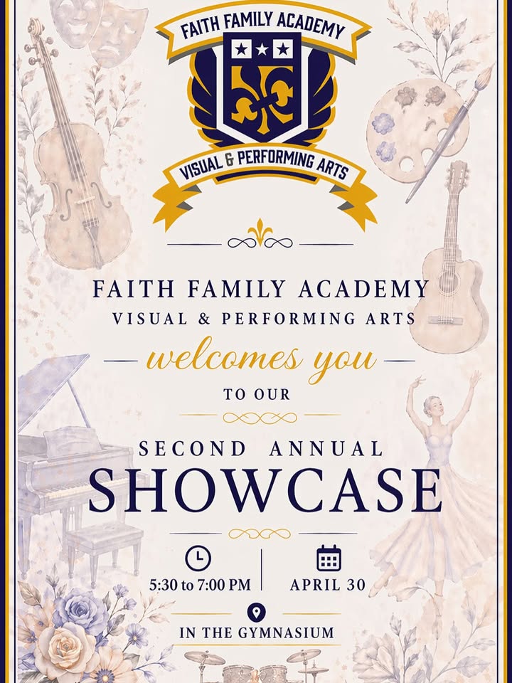 FaithFamilyAcad's tweet image. 𝗥𝗘𝗠𝗜𝗡𝗗𝗘𝗥! 🗓️ Save the Date and join us this Thursday, April 30th for our annual Showcase as our Eagles show off their talents and projects 💐🎼🎭🥁🎹🎨💃!
#studentsfirst #FaithFamilyAcademyShowcase2026