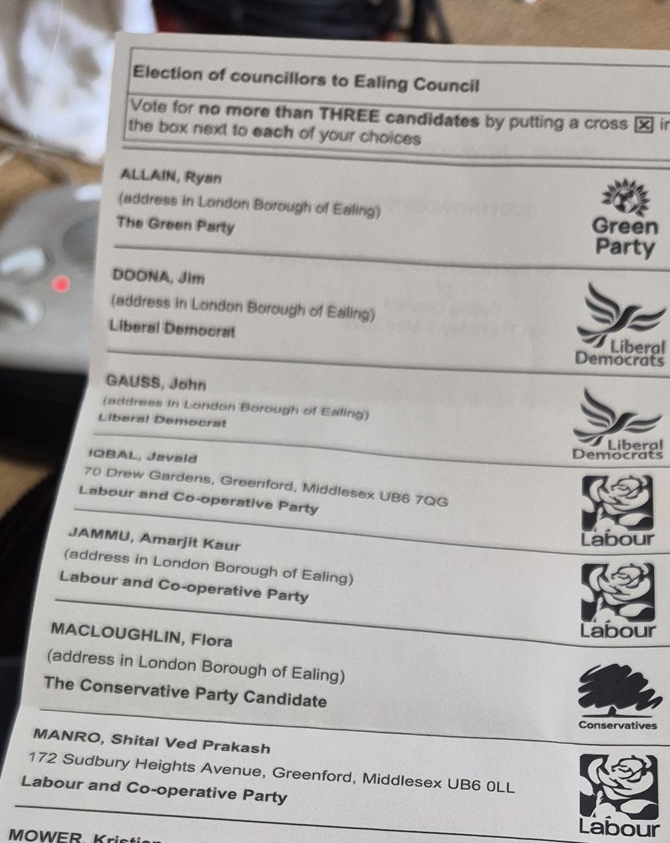 DavidFurneta's tweet image. This is part of the postal vote form for #Ealing Council (North #Greenford ward). Look at the names of the three  #Labour candidates. The last Labour candidate on the form is called SHITal. That just about sums up the #LabourParty!
#LocalGovernmentElection2026 
#election #vote