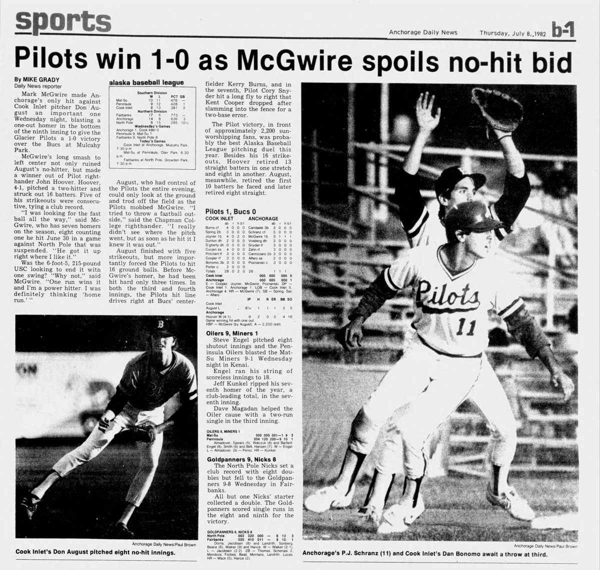 ANC_Historian's tweet image. July 7, 1982, greatest baseball game in Anchorage history. Anchorage Glacier Pilots &amp;amp; Bucs pitchers threw a gem with only 3 hits allowed total. Don August's bid for a nohitter ruined in the 9th as Mark McGwire hits a solo home run for the walkoff win. #alaskahistory #alaska
