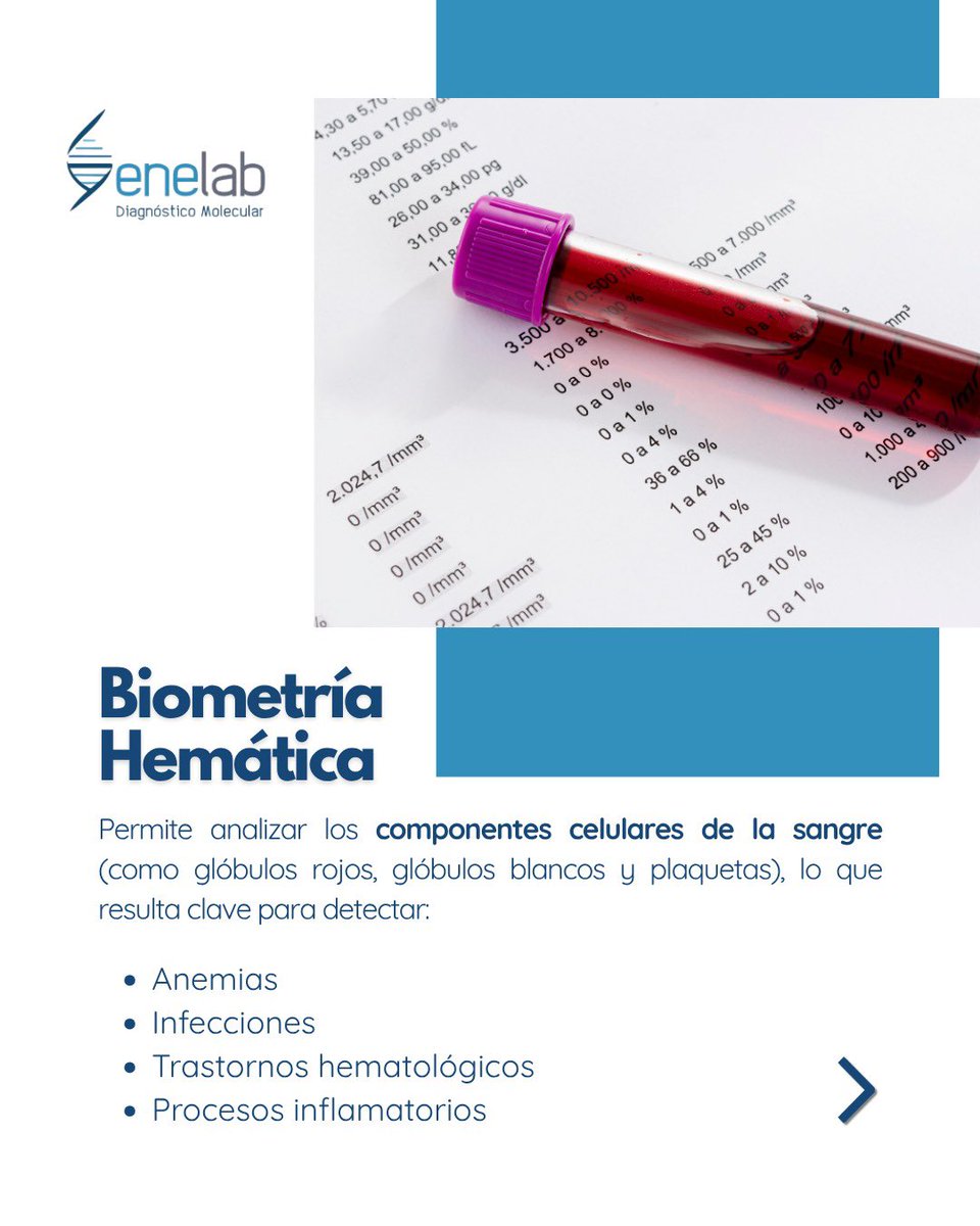 GenelabL's tweet image. La biometría hemática y la química sanguínea son estudios clave para conocer tu estado de salud de forma integral. 🧪

⏱ Resultados en 24 horas.

📲 Agenda tu estudio: 55 1849 9455.

#Genelab #ChequeoMedico #LaboratorioClinico #PrevencionEsSalud #AnalisisClinicos