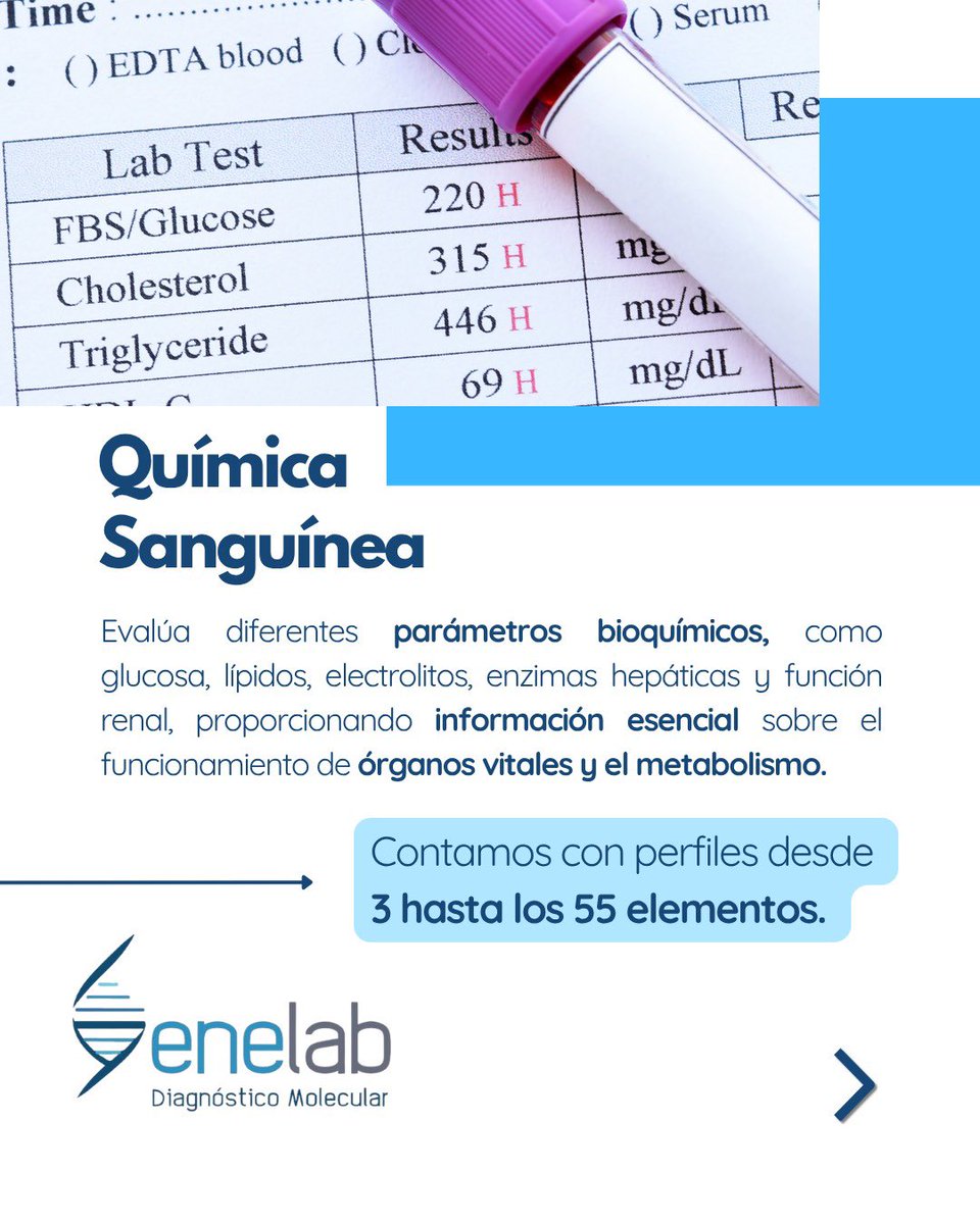 GenelabL's tweet image. La biometría hemática y la química sanguínea son estudios clave para conocer tu estado de salud de forma integral. 🧪

⏱ Resultados en 24 horas.

📲 Agenda tu estudio: 55 1849 9455.

#Genelab #ChequeoMedico #LaboratorioClinico #PrevencionEsSalud #AnalisisClinicos