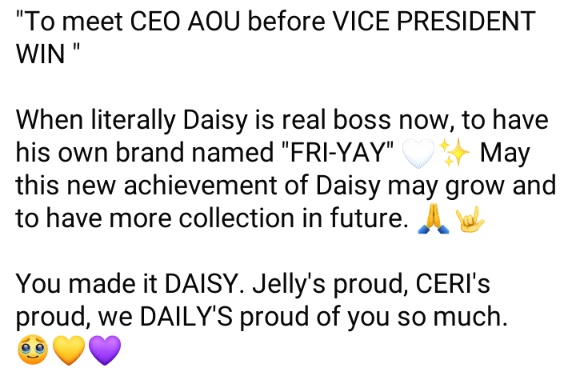 ceri_serenity's tweet image. "To meet CEO AOU before VICE PRESIDENT WIN "

You made it DAISY. Jelly's proud, CERI's proud, we DAILY'S proud of you so much.  🥹💛💜

#aou_tnbknr 
#FriYay