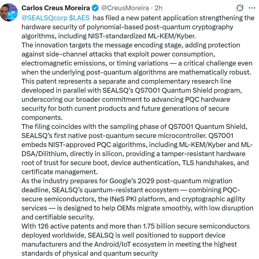 🚨 QUANTUM DEFENCE ON $HBAR IS HERE VIA SEALSQ🚨

<a href="/CreusMoreira/">Carlos Creus Moreira</a> &amp; <a href="/SEALSQcorp/">SEALSQ</a> just filed a patent strengthening post-quantum cryptography at hardware level 👀

They are targeting real-world side-channel attacks one of the biggest risks even in “secure” systems.