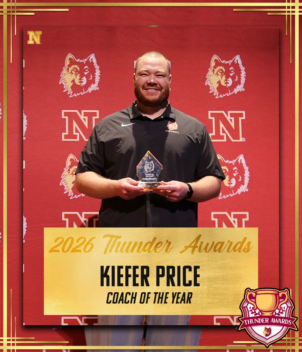 WolvesAthletics's tweet photo. @nsuwolves_tfcc @nsuwolves_wbb @nsuwolves_vb @NSUWolves_FB 🏆 𝟐𝟎𝟐𝟔 𝐓𝐇𝐔𝐍𝐃𝐄𝐑 𝐀𝐖𝐀𝐑𝐃𝐒 🏆

Kiefer Price was awarded the Coach of the Year!

𝐌𝐎𝐑𝐄 𝐈𝐍𝐅𝐎 ➡️ https://t.co/IIeCZFR2fo

#GoWolves🐺 | #maroonNgold🐾 https://t.co/X3QXdw6omq