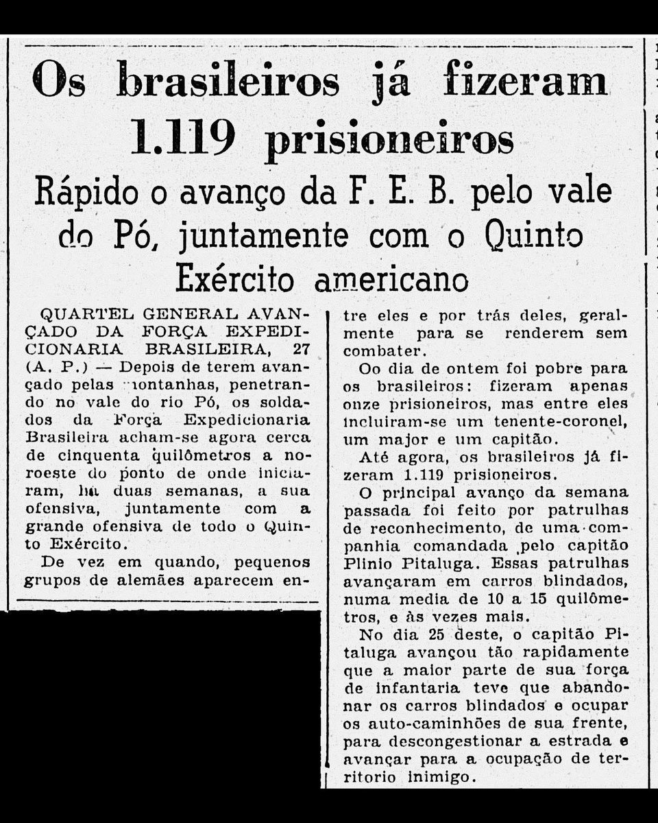 sentandoapua's tweet photo. Notícias da 2ª Guerra: 28ABR1945-Rápido o avanço da FEB, pelo vale do Pó, juntamente com o 5º Exército Americano https://t.co/sAuowGiNAe
#ABR45 #DiarioDeNoticias #WWII #FEB #Italia #5thArmy @exercitooficial @feb_brasil @USArmy https://t.co/BLm11CqDmj