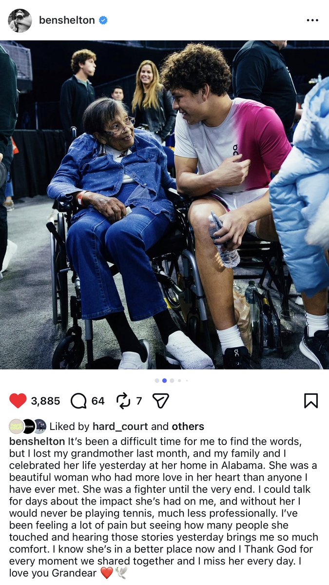 Ben Shelton says his grandmother passed away last month and that he and his family celebrated her life back home in the U.S. yesterday. 

Losing a grandparent is never easy so for Ben to play and even win a title during this tough time is impressive. Sending condolences to him