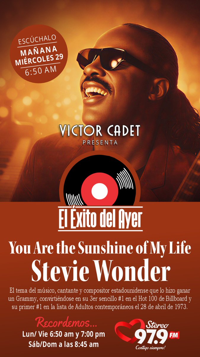victorcadet's tweet image. Mañana miércoles tendremos a #StevieWonder en #ElÉxitodelAyer. Recuerden... a las 6:50am, hora de Vzla. Se repite a las 7:00pm
Sintonícenlo por aquí: stereo979fm.com.ve
