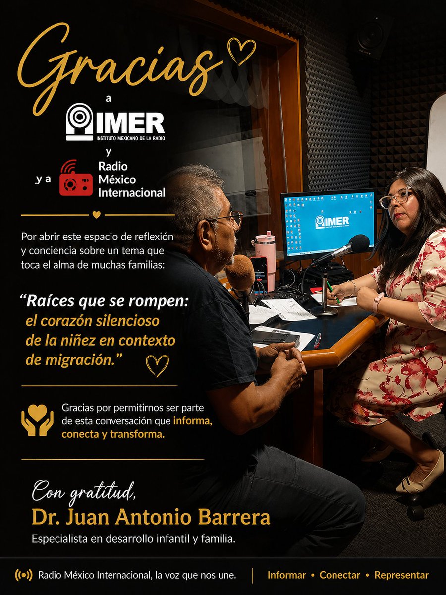 ✨ Gracias por escuchar lo que muchas veces se vive en silencio.
Agradecemos a IMER y a Radio México Internacional por abrir este espacio para hablar de “Raíces que se rompen”, un tema que toca el corazón de muchas infancias.
Dr. Juan Antonio Barrera
