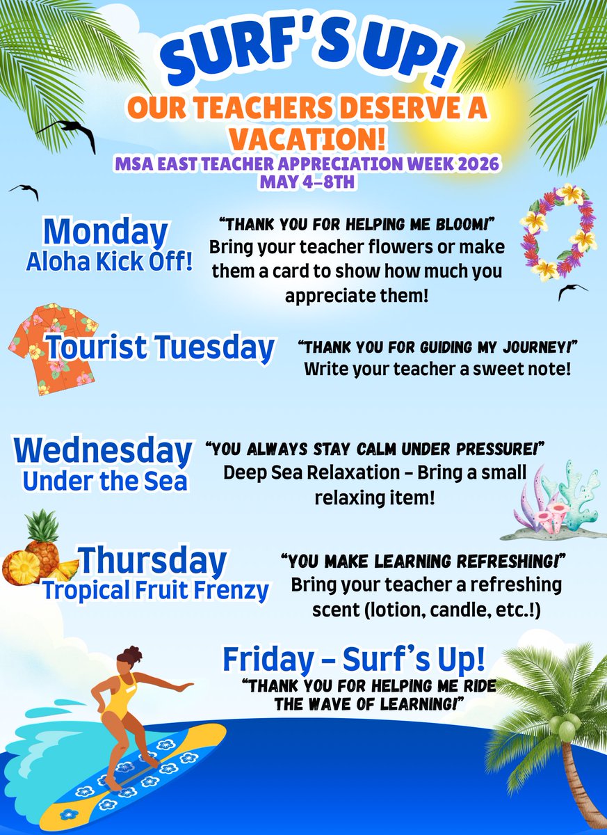 MSAEastKnights's tweet image. Next week is Teacher Appreciation Week at MSA East, here are some ways you can help bring our theme to life!  #FueltheKnight #MovingForward #uKNIGHTed #CKHNationalShowcaseSchool #STEAM #msaEASTiberville #MSA #MathScienceArts #GrowAchieveThrive