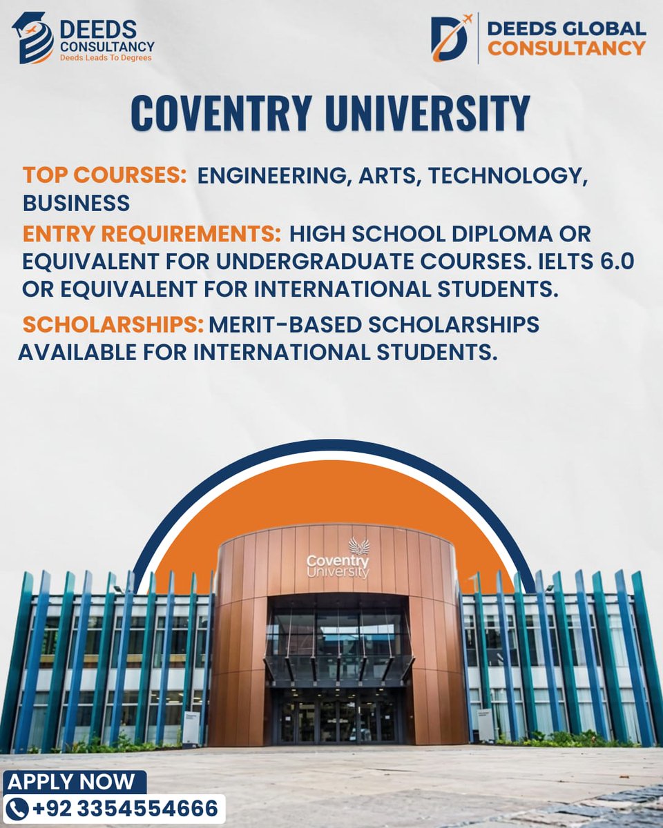 deedsconsult's tweet image. #CoventryUniversity 

🎓 Top Courses: #Engineering, #Arts, #Technology, #Business
✅ Requirements: High School, IELTS 6.0
💡 Scholarships: Merit-based for international students

#OnlineDeedsAcademy #DeedsConsultancy #TopConsultancy #StudyAbroad #Scholarships 

@covcampus