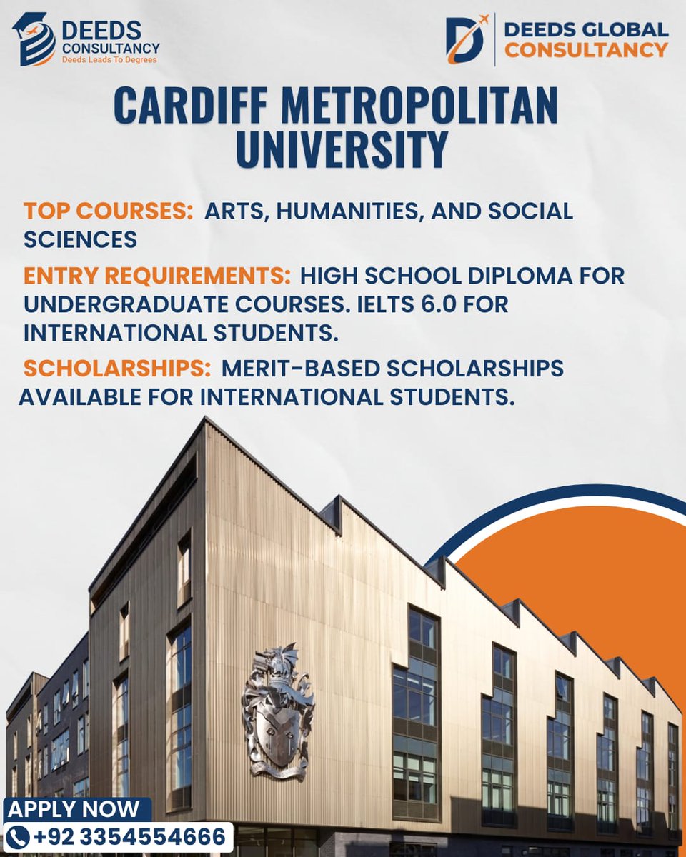 deedsconsult's tweet image. #CardiffMetropolitanUniversity

🎓 Top Courses: #Arts, #Humanities, #SocialSciences
✅ Requirements: High School, IELTS 6.0
💡 Scholarships: Merit-based for international students

#CardiffMet #OnlineDeedsAcademy #DeedsConsultancy #TopConsultancy #StudyInTheUK #Scholarships