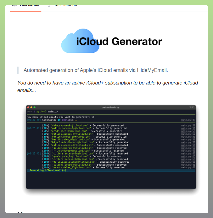 tom_doerr's tweet photo. Generates Apple iCloud hidden relay emails in bulk

https://t.co/RhI5wdMnwk https://t.co/9PvcKE99NL