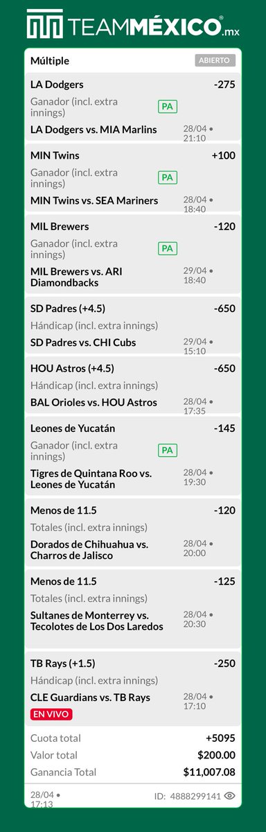ivaldo_lpz's tweet image. Súper parlay momio de +5095 
200 pesos para 11mil 

#LMB #MLB #beisbol