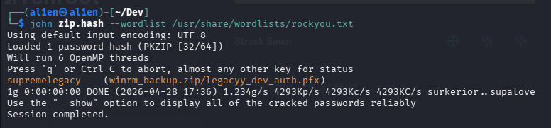 al1enr00t's tweet photo. 3/ Rockyou remains undefeated.
john zip.hash --wordlist=rockyou.txt.
Pass: supremelegacy 💀
#Hashcat #WordlistAttack #Rockyou #OffensiveSecurity #JohnTheRipper https://t.co/bgUH6DYaPm