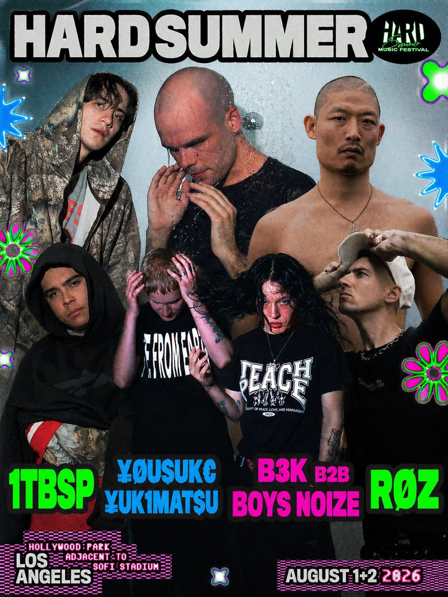 🚨HEADS UP - HARD SUMMER just got even bigger with new additions officially joining the 2026 lineup. Everyone, please welcome ¥ØU$UK€ ¥UK1MAT$U, RØZ, Brutalismus 3000 B2B @BoysNoize and 1tbsp 🔥