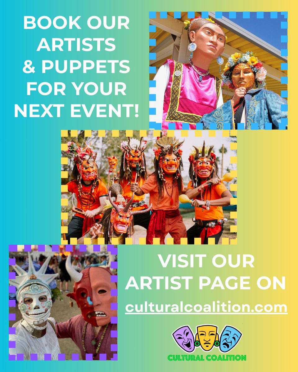 CulturalCoAz's tweet photo. Are you hosting a community event, festival, or just throwing an awesome party that could use live music, dancers, masked characters or giant puppets? Cultural Coalition has you covered! 🎭 We support 400+ talented local artists each year! 💃👩🏿‍🎤👩‍🎨 More info
https://t.co/ljfGsif2tB https://t.co/YwIlm5cHc2