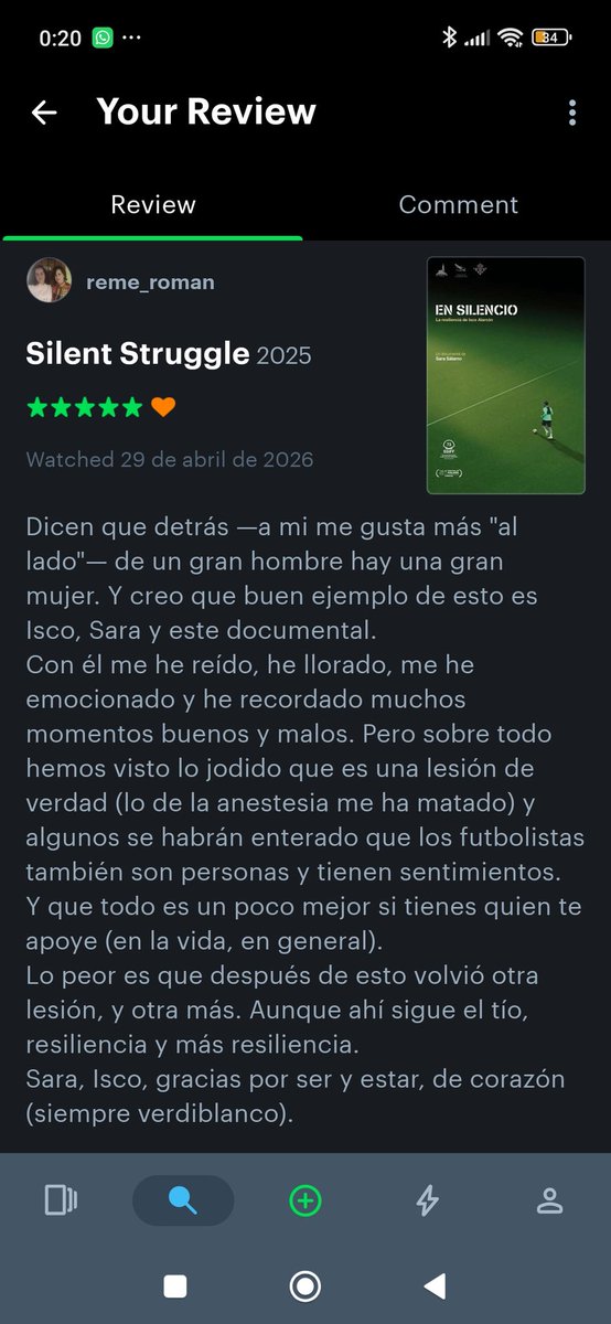 reme_roman's tweet photo. Visto #EnSilencio y aun con el corazón encogido he escrito en Letterboxd pero también quiero dejarlo por aqui. Gracias @SaraSalamo e @isco_alarcon por dejarnos ser un poco parte de todo este proceso💚 https://t.co/aXIR0zTloC