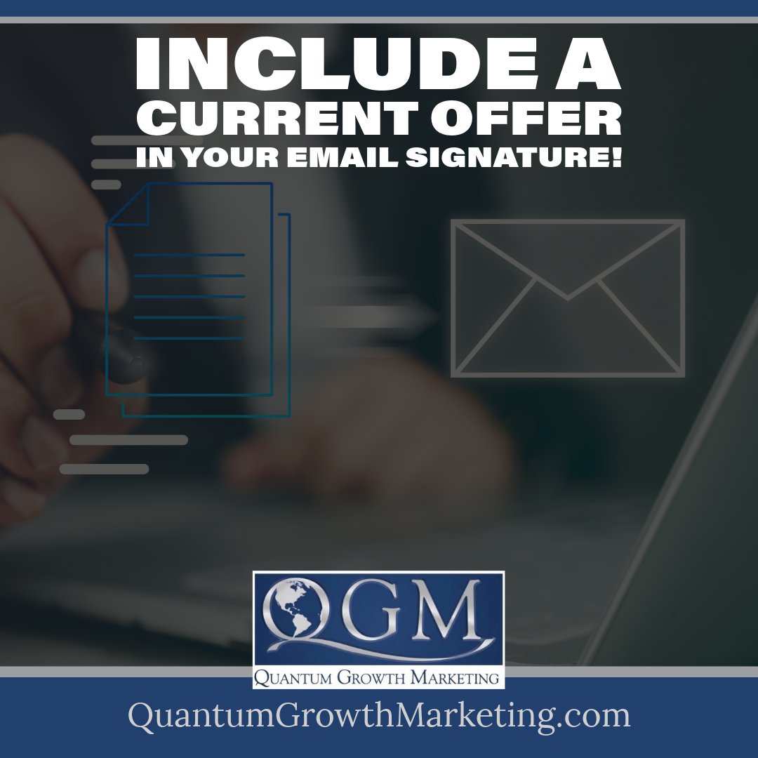 qgmnow's tweet image. ✉️ Include a current offer in your email signature!

The Best SEO Services: quantumgrowthmarketing.com

💰 Every email becomes a silent salesperson working for you.

#EmailSignature #SmartMarketing #SmallBusinessTips #EasySales #DigitalGrowth