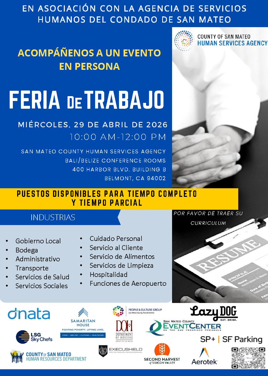 SMCHSA's tweet photo. Looking for work? Join our Job Fair tomorrow, April 29, 2026, from 10 am to 12 pm at the Bali/Belize Conference Rooms, 400 Harbor Blvd., Bld. B, Belmont

Openings in gov, warehouse, admin, transportation, healthcare, social services, hospitality and more.
Bring a resume. https://t.co/AZpFjkpYln