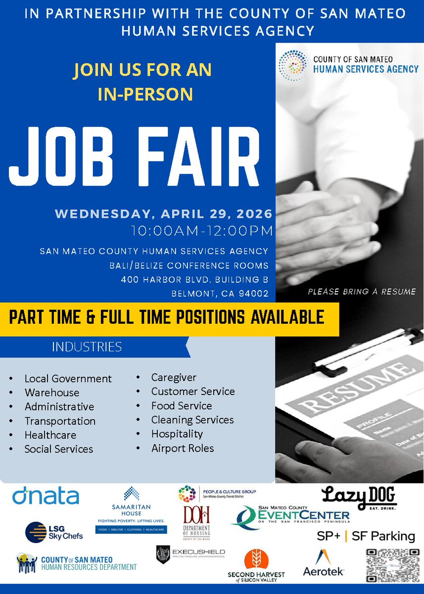 SMCHSA's tweet photo. Looking for work? Join our Job Fair tomorrow, April 29, 2026, from 10 am to 12 pm at the Bali/Belize Conference Rooms, 400 Harbor Blvd., Bld. B, Belmont

Openings in gov, warehouse, admin, transportation, healthcare, social services, hospitality and more.
Bring a resume. https://t.co/AZpFjkpYln