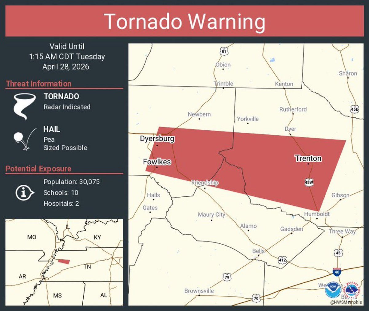 Ham_BklynWx's tweet image. A tornado occurred in Dyersburg, Tennessee shortly after midnight. Dyersburg Police security camera footage at 12:25 a.m. shows the tornado on the ground during the active warning.

🎥 Video credit: Dyersburg Police Department

#tnwx #Tennessee #tornado