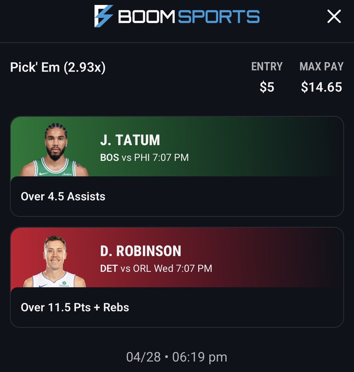 GhostEVplays's tweet image. 🏀 Boom Fantasy NBA Tatum Discount

🏀+193 (FV +123.81)
+EV: 30.91%
Playing: 0.03 Unit Promo Max

#boom #fantasy #sports #nba #basketball