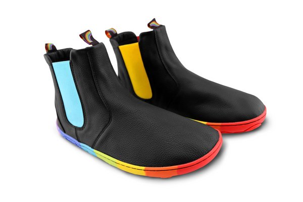 mercedesberlin's tweet image. PaperKrane Skittle Neon Jewelchic Chelsea Boots 

A barefoot-style footwear, featuring a black leather upper and a vibrant, rainbow-colored sole. 

#design