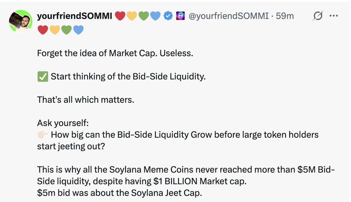 CryptoCoffee369's tweet photo. Liquidity matters more than market cap.

study this concept to understand crypto better than 99% of people.

the bid-side LP means you can calculate how much money it takes to pump something. 

look at the example. anybody can make the market cap whatever they want by minting and burning tokens. 

LP tells you the pumpability. See how it says 16k USD value on the buy-side?

That means another 16k of buy pressure would 4x the price. 160k net buy pressure could 100x the price (symmetric LP means it functions as a square)

you want low enough LP to pump, and high enough to exist with reasonable gains. 

buying coins on a DEX is literally just adding LP to the bid side (the USD or L1 token cookie jar) and taking out coins from the other cookie jar