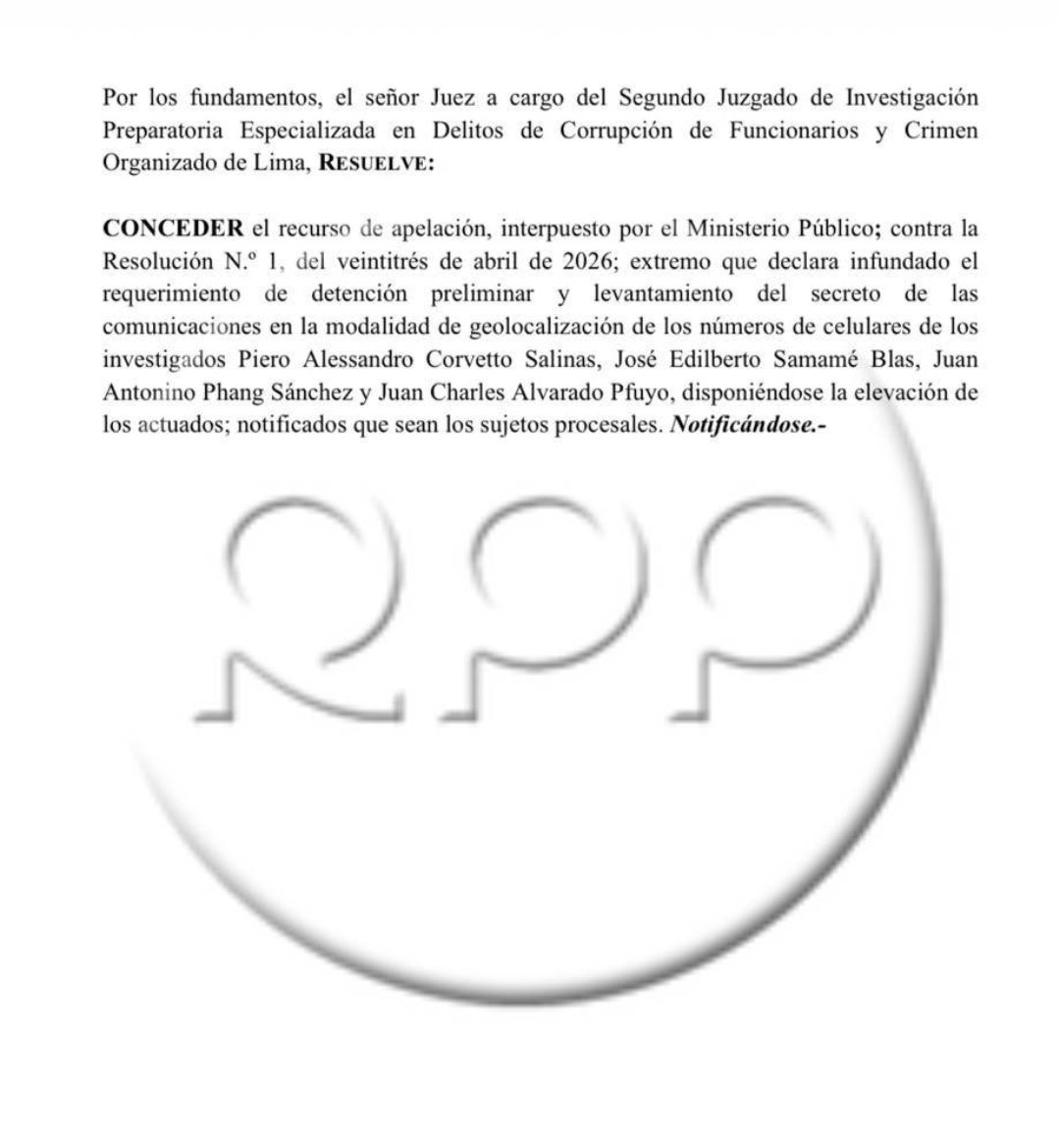 #LOULTIMO Fiscalía apeló resolución judicial que rechazó pedido de detención preliminar del ex Jefe de <a href="/ONPE_oficial/">ONPE</a> Piero Corvetto y otros ex funcionarios del organismo. La apelación ya fue admitida en el Poder Judicial que resolverá en los próximos días