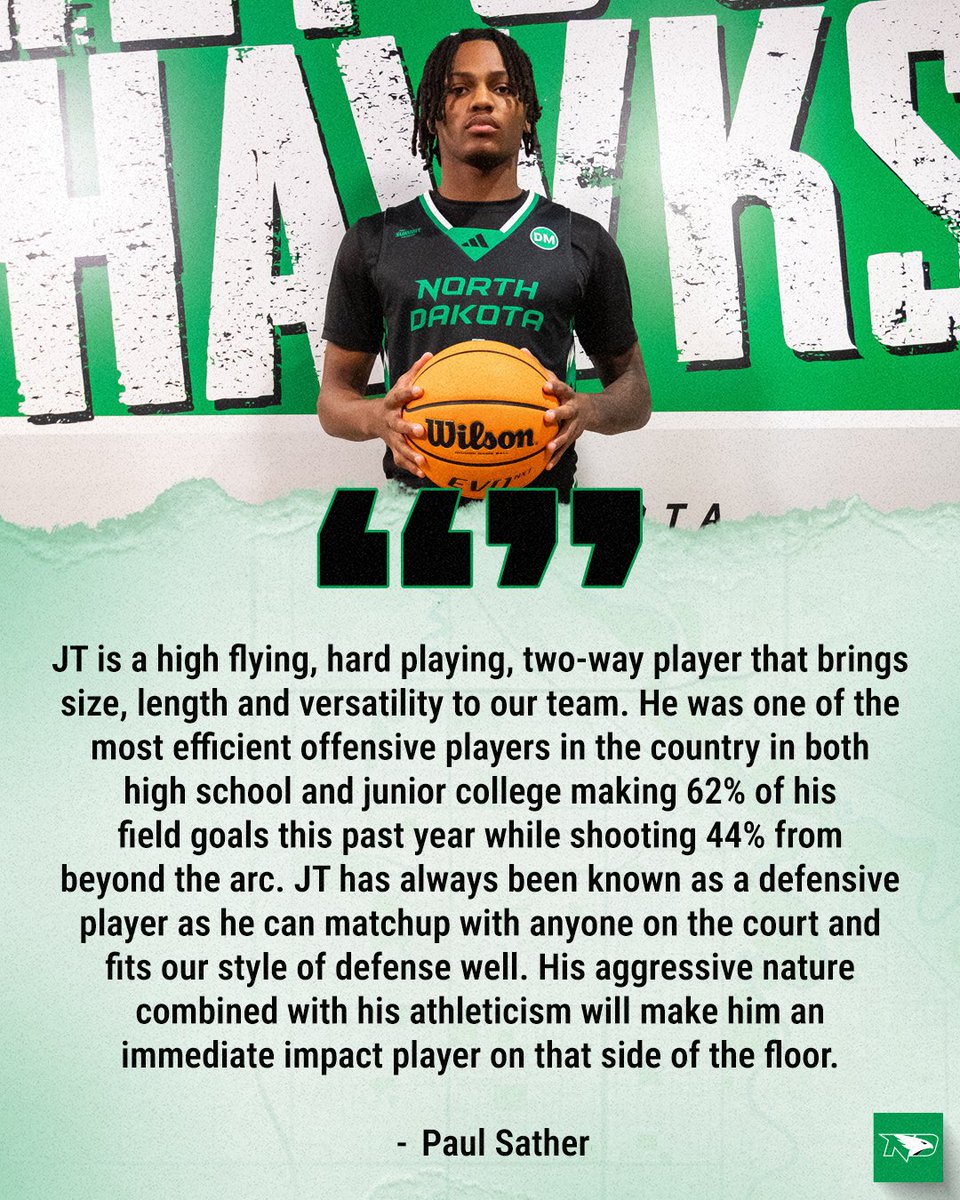 UNDmbasketball's tweet image. Finalized🔏 Jayden Thomas is officially a Fighting Hawk!

- 9.4 ppg / 5.5 rpg / 62.0 FG% / 44.2 3P%
- All-Region Honorable Mention
- Led NJCAA Region XIV in FG%
- Invitee to JUCO All-American Showcase in Atlanta 

🗞️: fightinghawks.com/news/2026/4/28…

#UNDproud | #LGH