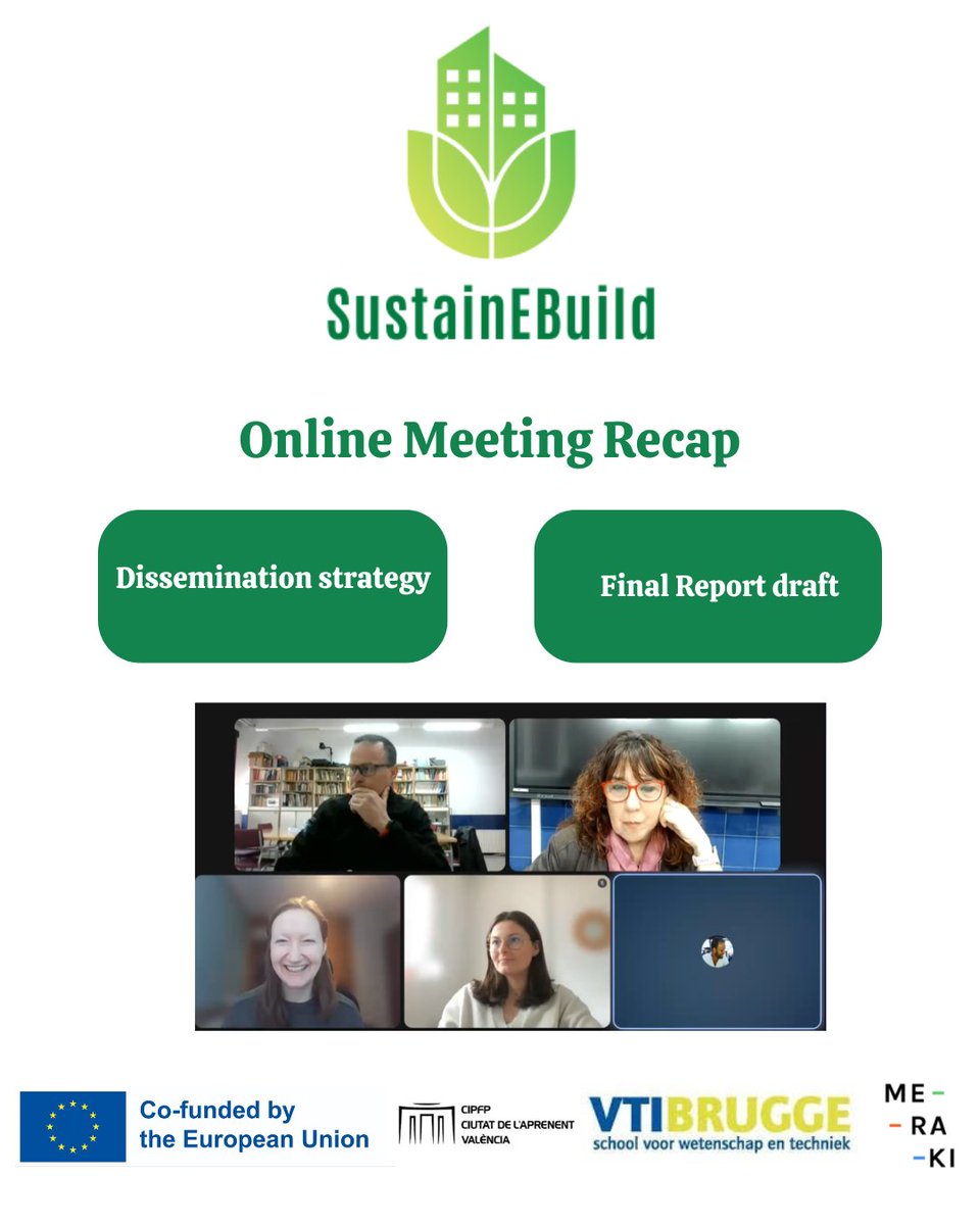 MerakiProjectes's tweet photo. 🌱 Final Phase
This Monday’s meeting marks the final stretch of the #SustainEbuild #EUProjects! 🚀
Only 2 months left to share and promote everything we’ve achieved together🤝🌍
👉 Learn more: https://t.co/1eZun2YeyY
A big thank you to all partners for this great #Collaboration💚 https://t.co/lhQPoyXXi4