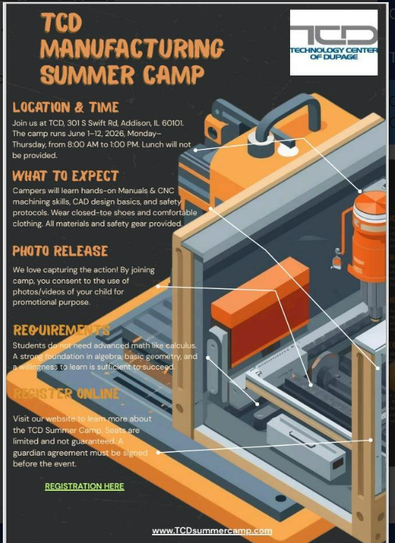 TCDuPage's tweet photo. Manufacturing Summer Camp
Join us at TCD, 301 S Swift Rd, Addison, IL 60101.
June 1–12, 2026, Monday–Thursday, from 8:00 AM to 1:00 PM. https://t.co/U59TTkJV6R
16 yrs - 18 yrs old *Free Event  *Space is Limited. **Sign up Today!!      https://t.co/kpNXfRsWNX https://t.co/hzP0ddXsbE