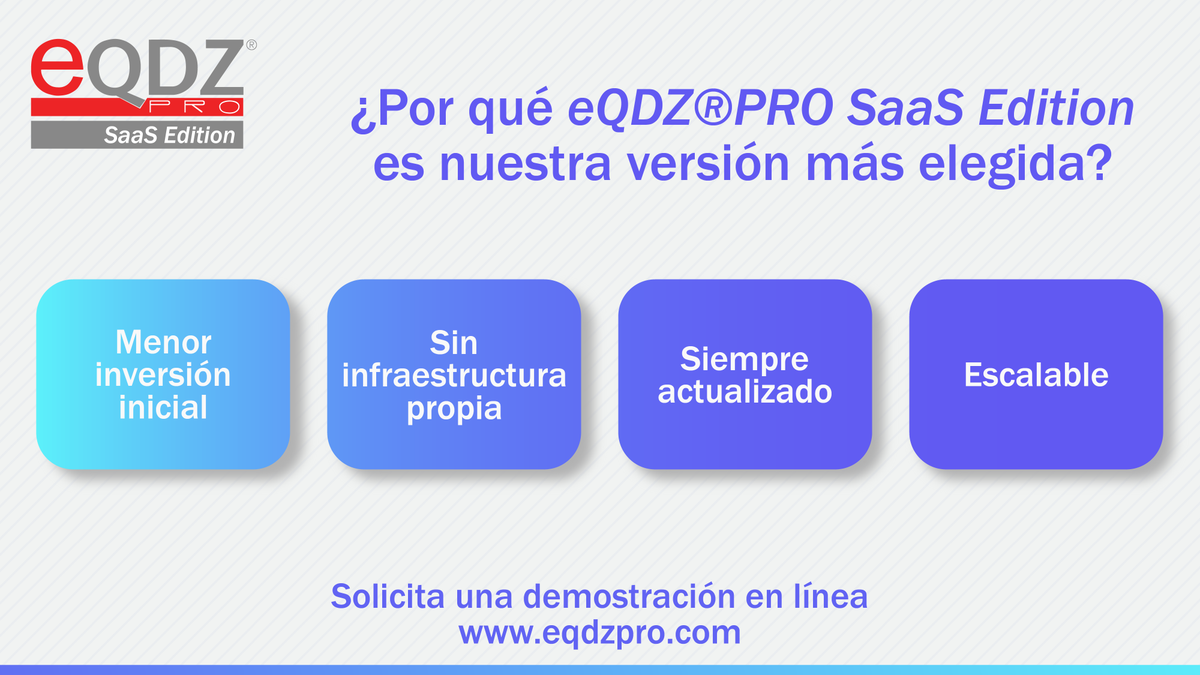 eQDZPRO's tweet photo. La versión que más empresas eligen tiene una razón.

eQDZ®PRO SaaS Edition ofrece:

 ✔️ Menor inversión inicial
 ✔️ Sin infraestructura propia
 ✔️ Actualizaciones disponibles
 ✔️ Escalabilidad

La opción preferida para gestionar la calidad en la nube.
👉 https://t.co/ZME0XAroo6 https://t.co/KeZJ4bCkav