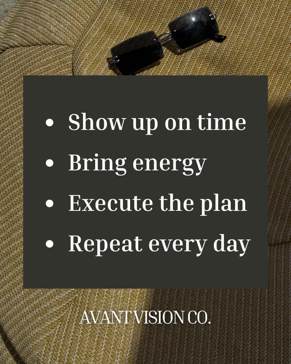 AvantVisionCo's tweet image. Show up with intention. Execute with purpose. 📊 At Avant Vision Co., success comes from the daily habits you refuse to skip—being on time, bringing energy, following the plan, and repeating it consistently. 
-
#avantvisionco #dailyhabits #discipline #consistency #execution