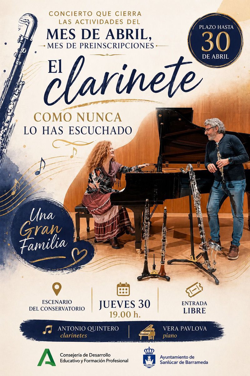 El próximo jueves estaremos en Sanlúcar de Barrameda con “Uɴᴀ Gʀᴀɴ Fᴀᴍɪʟɪᴀ: Lᴏs Cʟᴀʀɪɴᴇᴛᴇs”.

📆 𝗷𝘂𝗲𝘃𝗲𝘀 𝟯𝟬 𝗱𝗲 𝗮𝗯𝗿𝗶𝗹 
⏰ 𝟭𝟵𝗵. 
📍𝗖𝗼𝗻𝘀𝗲𝗿𝘃𝗮𝘁𝗼𝗿𝗶𝗼 “𝗝𝗼𝗮𝗾𝘂í𝗻 𝗧𝘂𝗿𝗶𝗻𝗮”, 𝗦𝗮𝗻𝗹ú𝗰𝗮𝗿 𝗱𝗲 𝗕𝗮𝗿𝗿𝗮𝗺𝗲𝗱𝗮.
