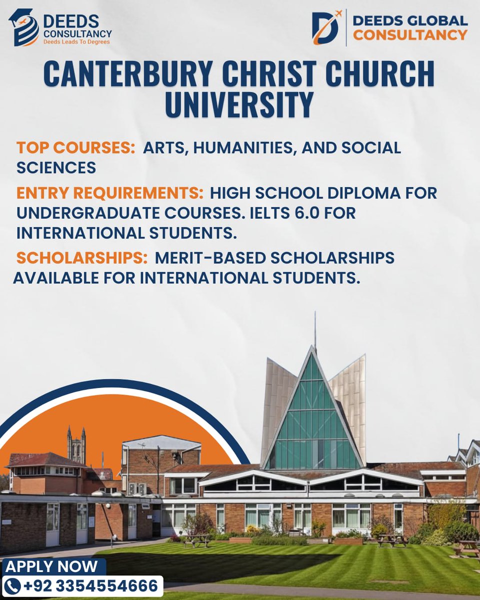 deedsconsult's tweet image. #CanterburyChristChurchUniversity

🎓 Top Courses: #Arts, #Humanities, #SocialSciences
✅ Requirements: High School, IELTS 6.0
💡 #Scholarships: Merit-based for #internationalstudents

#CanterburyUniversity #OnlineDeedsAcademy #DeedsConsultancy #TopConsultancy

@CanterburyCCUni