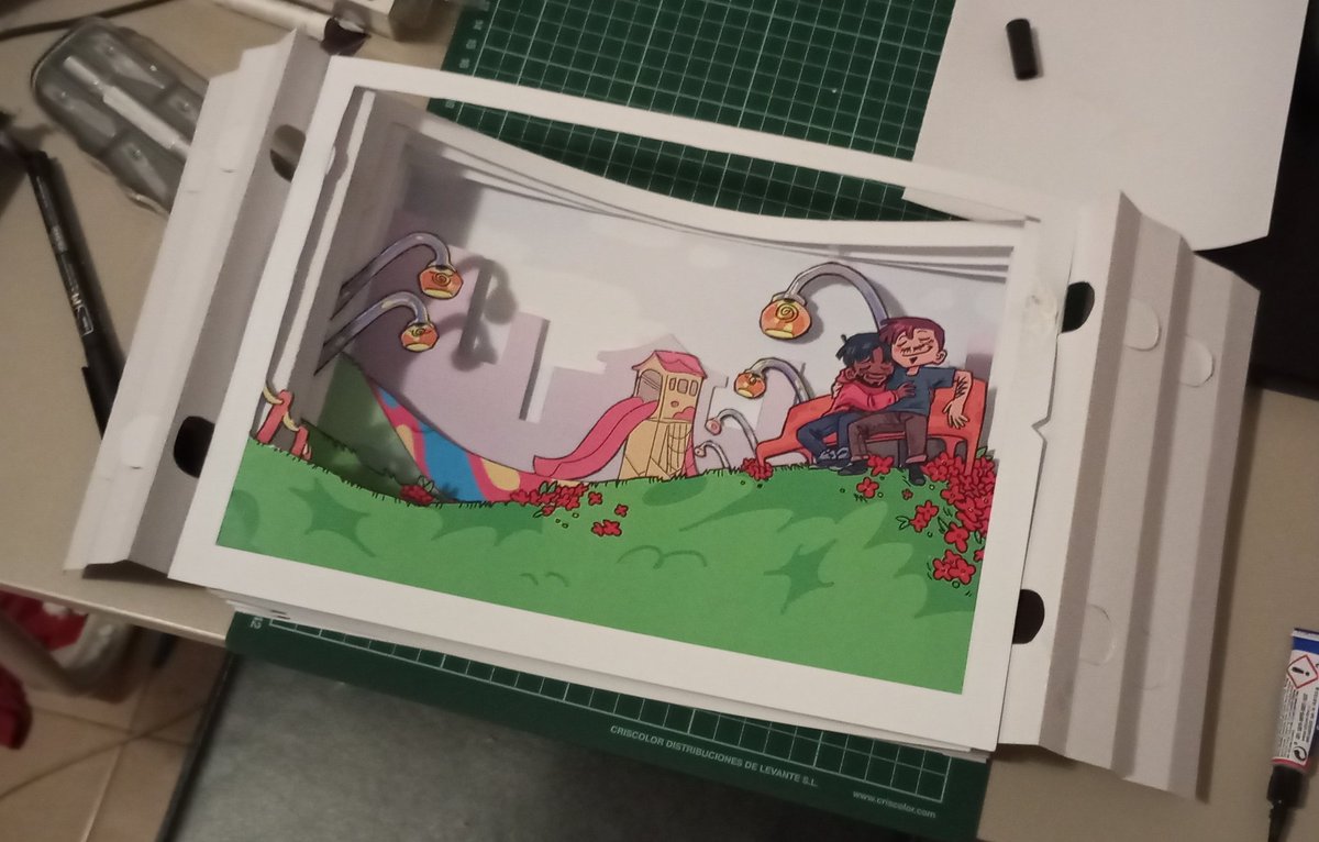 _muffinelly_'s tweet photo. Layered project (college) for a tunnel book (yes, she has two dads, yes, the prototype looks extremely rough) https://t.co/Zq7gTwp9mD