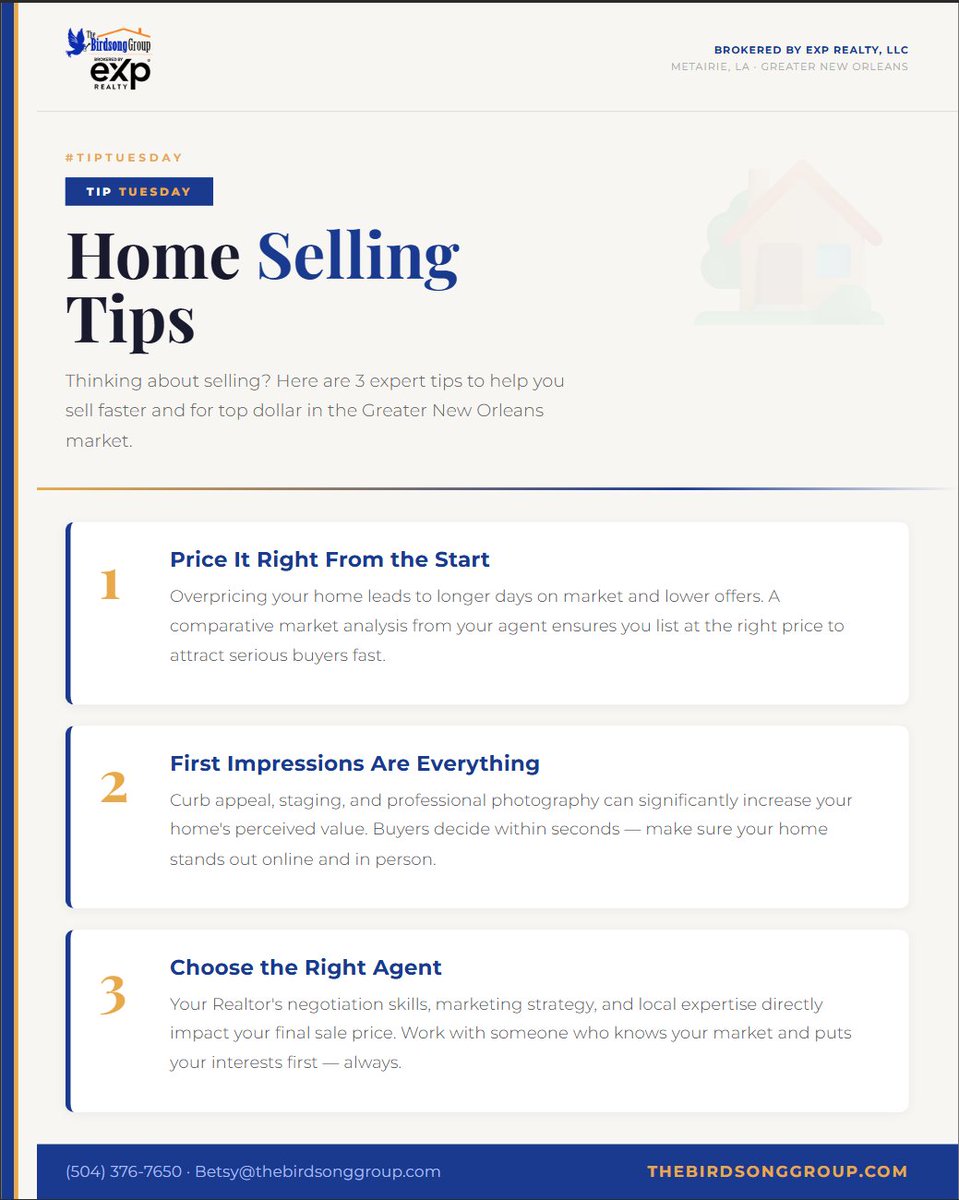 betsybirdsong's tweet image. It's #TipTuesday and we're talking about how to sell your home SMARTER in Greater New Orleans! 🏡

At The Birdsong Group, we do all of this and more for every single client no matter the size of the home.

Thinking about selling? Let's talk!

#TipTuesday #HomeSelling