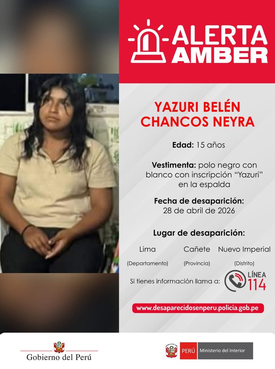 Hoy Yazuri de 15 años ha desaparecido en Nuevo Imperial .
Les ruego difundan hasta que la hallen !!!!!