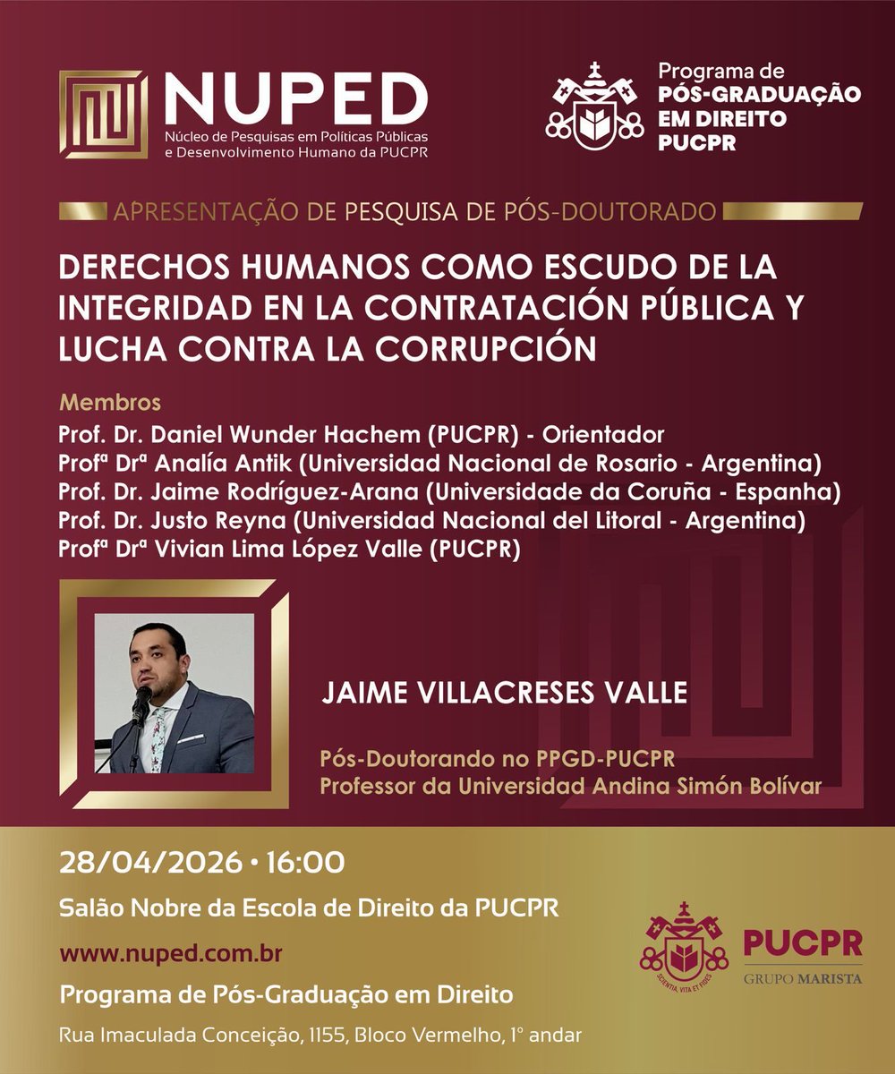 VillacresesJA1's tweet image. ¡Hoy, cumplí otro sueño! 🎓📚

Presenté los resultados del #Post-Doctorado en Derecho que realicé en la @PUCPRoficial 🇧🇷 sobre el tema: “Derechos Humanos como escudo de la integridad en la #contrataciónpública y la lucha contra la corrupción”.