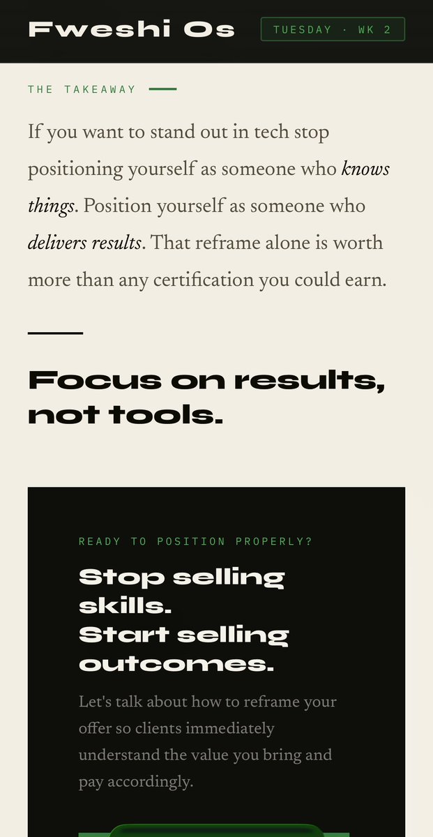 Fweshi_os's tweet image. Stop positioning yourself as someone who knows things. Position yourself as someone who delivers results.

That reframe is worth more than any certification.

Read the full breakdown 👉 tuesday-series-2.netlify.app

#TechCareers #ProblemSolvers #OutcomesNotSkills #TuesdayThread