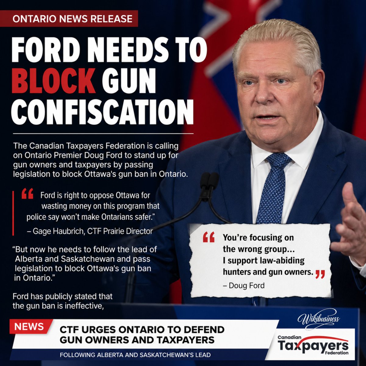 lapkarl01's tweet image. Ontario : Doug Ford is being urged to block Ottawa’s gun confiscation push.

The Canadian Taxpayers Federation says Ontario should follow Alberta &amp;amp; Saskatchewan to defend lawful gun owners and taxpayers.

🎯 “You’re focusing on the wrong group.” - Doug Ford

#Ontario #DougFord