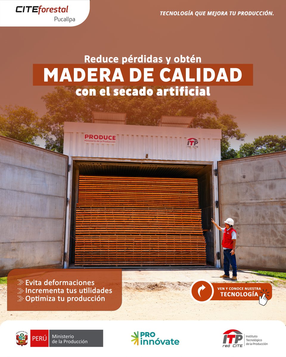 CITEforestal's tweet photo. Nuestro Secado Industrial controla temperatura, humedad y curva por especie para resultados óptimos y profesionales. 🔥📊 Comprueba cómo la tecnología del CITEforestal Pucallpa mejora tu producción y reduce pérdidas. 📲 https://t.co/s0x4AHb0xN #SecadoIndustrial #MaderaDeCalidad https://t.co/bDyXJN9IRS