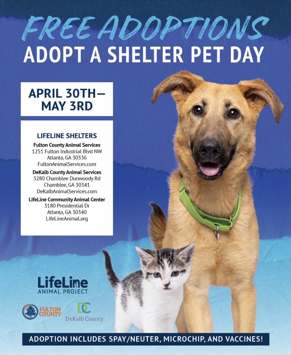 lifelineanimal's tweet photo. To celebrate National Adopt a Shelter Pet Day on April 30, we’re offering FREE adoptions April 30 – May 3.
Every adoption saves TWO lives—the pet you take home &amp; the one who takes their place.
Come meet your new best friend ❤️🐾 https://t.co/j9q0PBMyg4