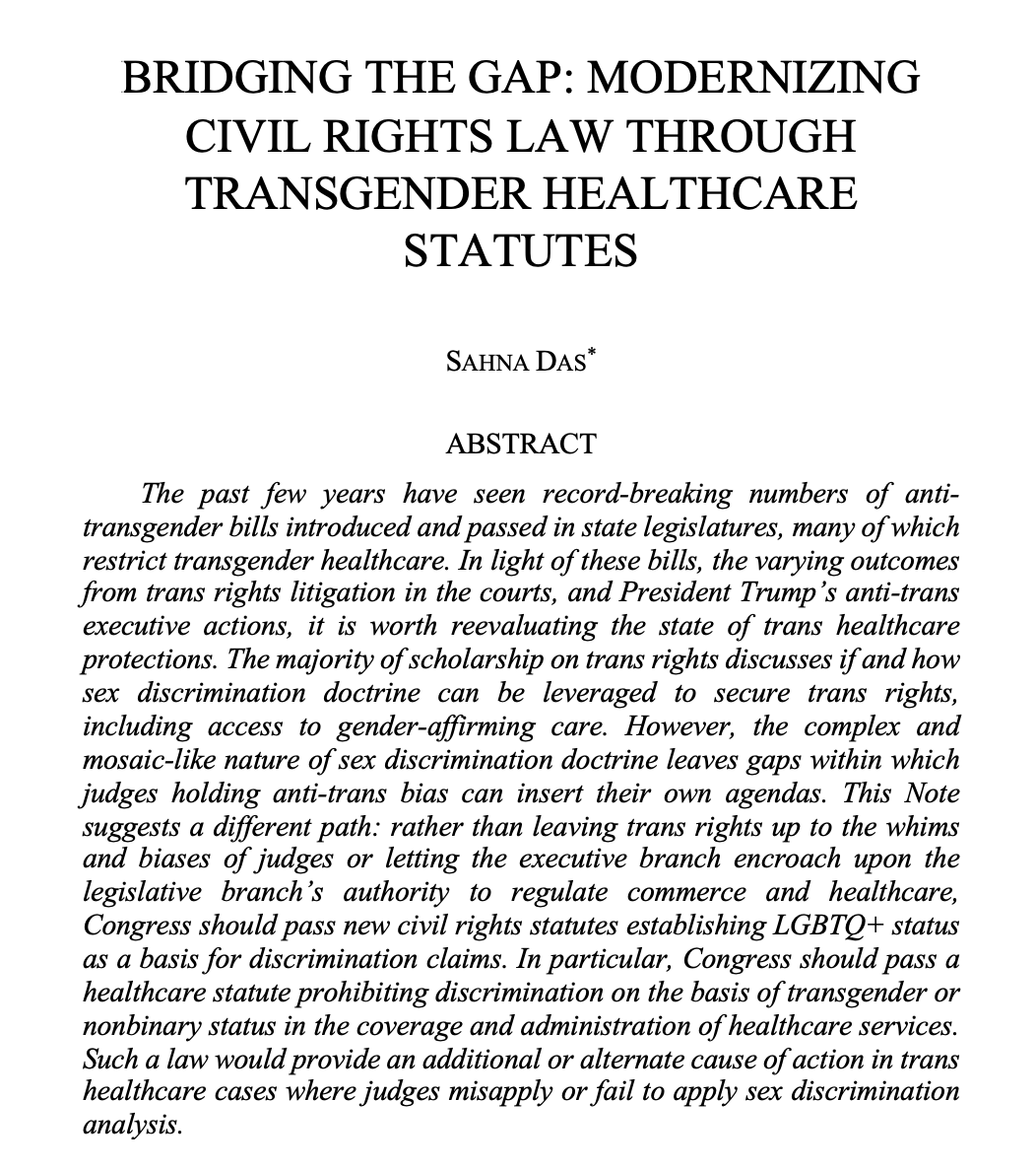 SCalLRev's tweet photo. Presenting "Bridging the Gap: Modernizing Civil Rights Law Through Transgender Healthcare Statutes" by our Executive Postscript Editor Sahna Das. Read the full article here: https://t.co/5T25uVC7jR https://t.co/Dz352EA9Ds