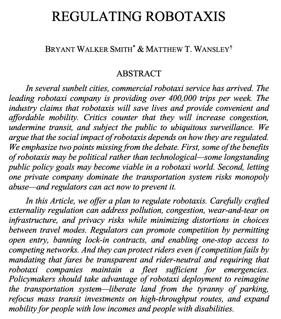 SCalLRev's tweet photo. Presenting "Regulating Robotaxis" by Professor Bryant Walker Smith of the University of South Carolina and Professor Matthew T. Wansley of the Cardozo School of Law. Read the full article here: https://t.co/v5XRs0rke1 https://t.co/HRCynw0aNF